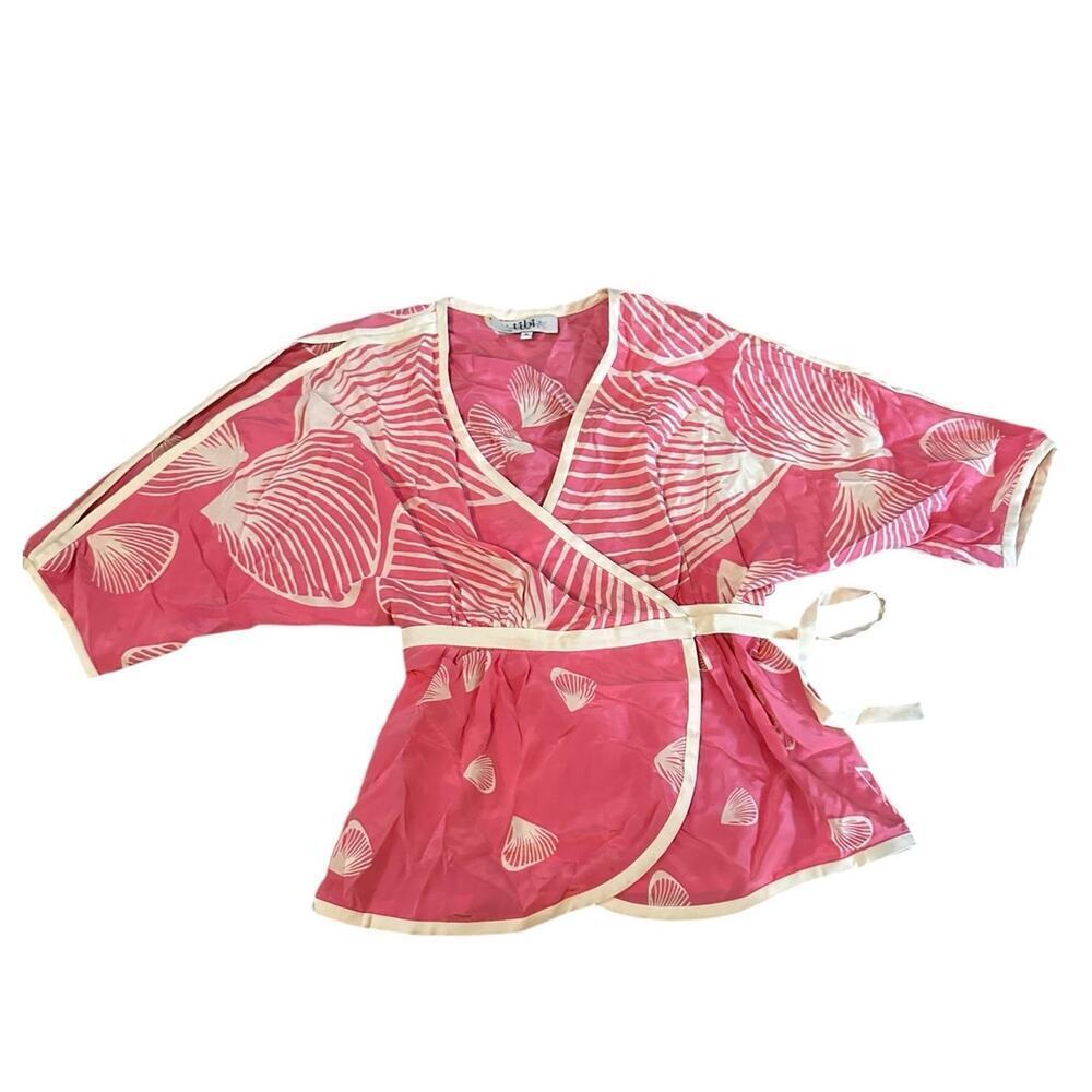 Vintage Tibi Women's Pink White Silk Printed Wrap Blouse Top Size 0